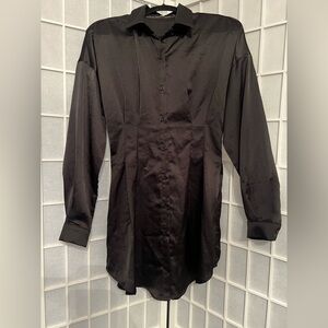 SHEIN Black Satin Button-Up Tunic Top Shirt Dress
